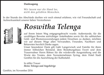 Traueranzeige von Roswitha Telenga  von Magdeburger Volksstimme