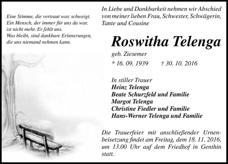  Traueranzeige für Roswitha Telenga (geb. Ziesemer)  vom 05.11.2016 aus Magdeburger Volksstimme