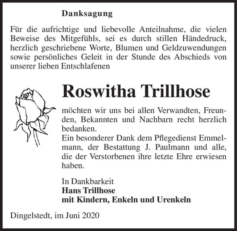  Traueranzeige für Roswitha Trillhose  vom 04.07.2020 aus Magdeburger Volksstimme