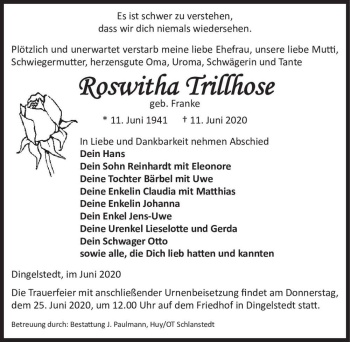 Traueranzeige von Roswitha Trillhose (geb. Franke)  von Magdeburger Volksstimme