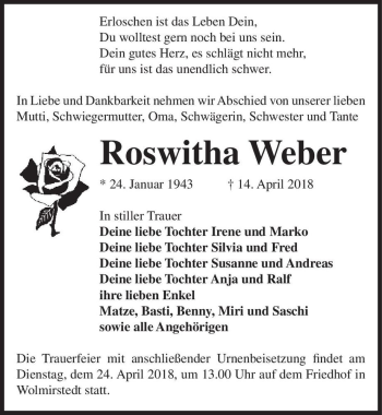 Traueranzeige von Roswitha Weber  von Magdeburger Volksstimme