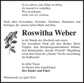Traueranzeige von Roswitha Weber  von Magdeburger Volksstimme