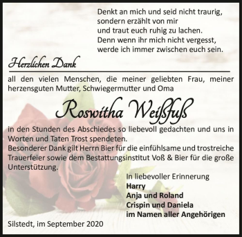Traueranzeige von Roswitha Weißfuß  von Magdeburger Volksstimme