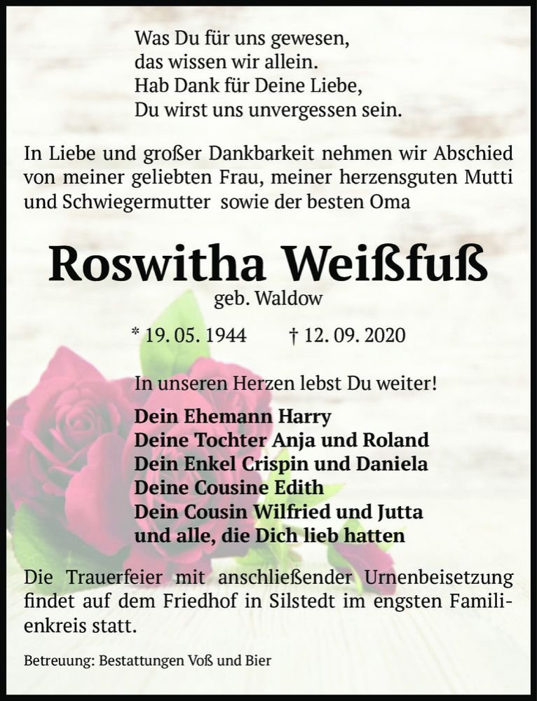  Traueranzeige für Roswitha Weißfuß (geb. Waldow)  vom 19.09.2020 aus Magdeburger Volksstimme