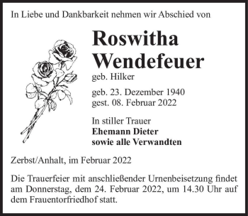 Traueranzeige von Roswitha Wendefeuer (geb. Hilker)  von Magdeburger Volksstimme