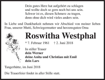 Traueranzeige von Roswitha Westphal  von Magdeburger Volksstimme