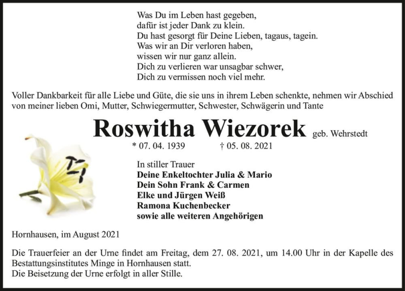  Traueranzeige für Roswitha Wiezorek (geb. Wehrstedt)  vom 14.08.2021 aus Magdeburger Volksstimme