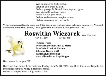 Traueranzeige von Roswitha Wiezorek (geb. Wehrstedt)  von Magdeburger Volksstimme