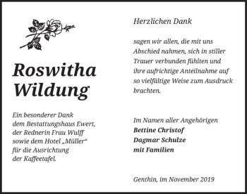 Traueranzeige von Roswitha Wildung  von Magdeburger Volksstimme