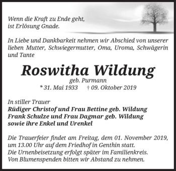 Traueranzeige von Roswitha Wildung (geb. Purmann)  von Magdeburger Volksstimme