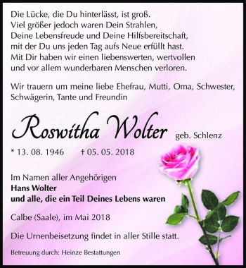 Traueranzeige von Roswitha Wolter (geb. Schlenz)  von Magdeburger Volksstimme