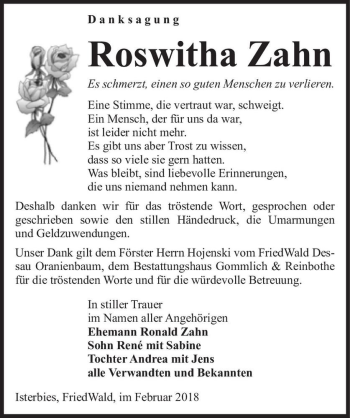 Traueranzeige von Roswitha Zahn  von Magdeburger Volksstimme