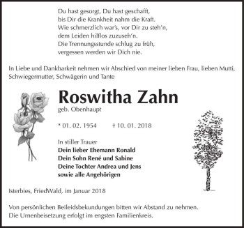 Traueranzeige von Roswitha Zahn (geb. Obenhaupt)  von Magdeburger Volksstimme