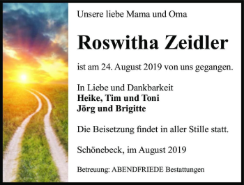 Traueranzeige von Roswitha Zeidler  von Magdeburger Volksstimme