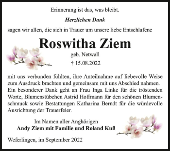 Traueranzeige von Roswitha Ziem (geb. Netwall)  von Magdeburger Volksstimme