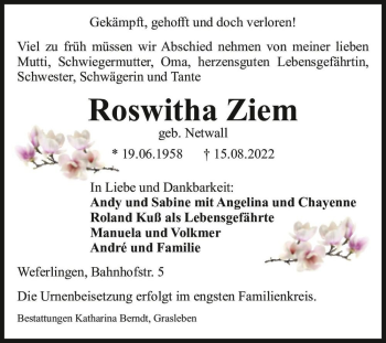 Traueranzeige von Roswitha Ziem (geb. Netwall)  von Magdeburger Volksstimme