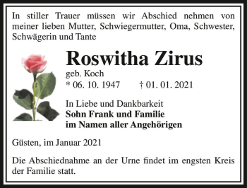 Traueranzeige von Roswitha Zirus (geb. Koch)  von Magdeburger Volksstimme