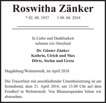 Traueranzeige von Roswitha Zänker  von Magdeburger Volksstimme