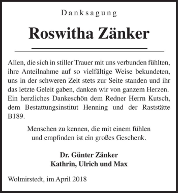 Traueranzeige von Roswitha Zänker  von Magdeburger Volksstimme