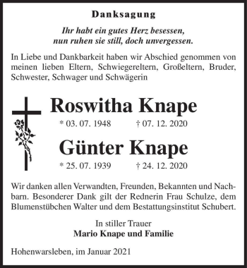 Traueranzeige von Roswitha und Günter Knape  von Magdeburger Volksstimme