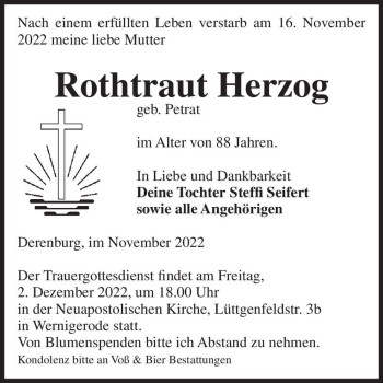 Traueranzeige von Rothtraut Herzog (geb. Petrat)  von Magdeburger Volksstimme