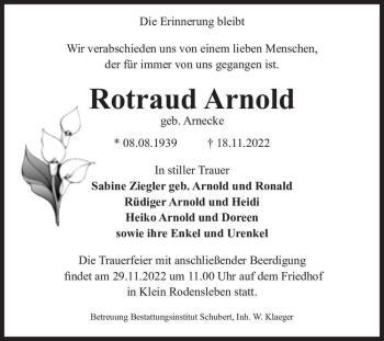 Traueranzeige von Rotraud Arnold (geb. Arnecke)  von Magdeburger Volksstimme