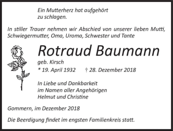 Traueranzeige von Rotraud Baumann (geb. Kirsch)  von Magdeburger Volksstimme