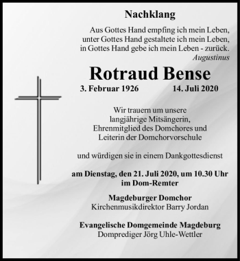 Traueranzeige von Rotraud Bense  von Magdeburger Volksstimme