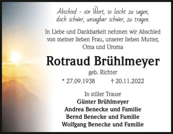 Traueranzeige von Rotraud Brühlmeyer (geb. Richter)  von Magdeburger Volksstimme