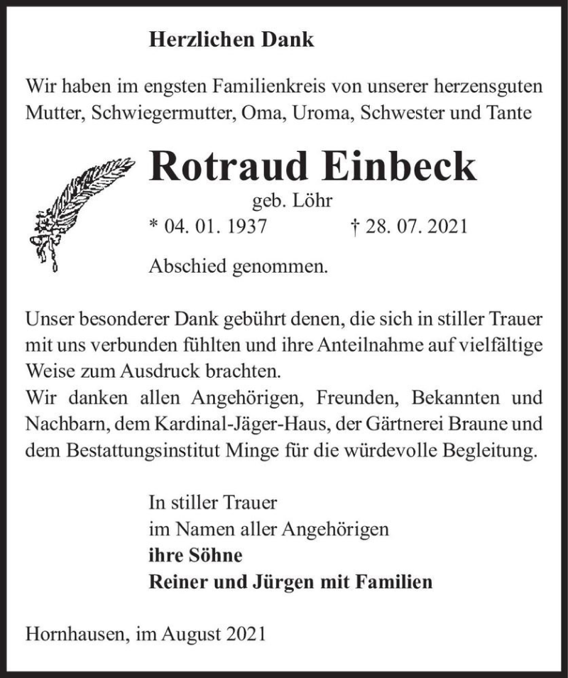  Traueranzeige für Rotraud Einbeck (geb. Löhr)  vom 28.08.2021 aus Magdeburger Volksstimme