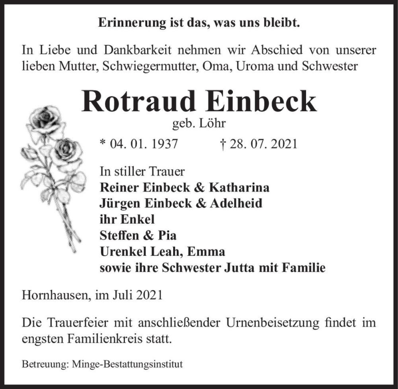  Traueranzeige für Rotraud Einbeck (geb. Löhr)  vom 31.07.2021 aus Magdeburger Volksstimme