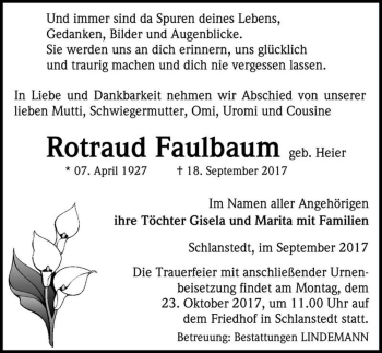 Traueranzeige von Rotraud Faulbaum (geb. Heier)  von Magdeburger Volksstimme