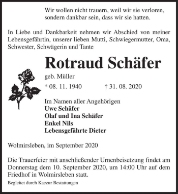 Traueranzeige von Rotraud Schäfer (geb. Müller)  von Magdeburger Volksstimme