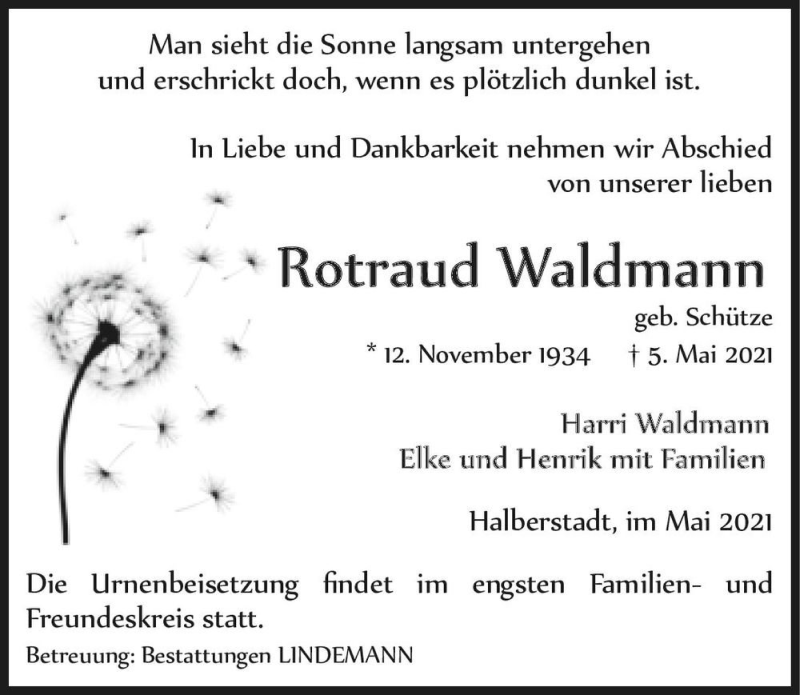  Traueranzeige für Rotraud Waldmann (geb. Schütze)  vom 08.05.2021 aus Magdeburger Volksstimme