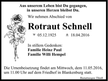 Traueranzeige von Rotraut Schnell  von Magdeburger Volksstimme