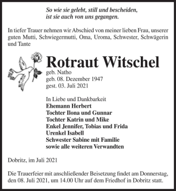 Traueranzeige von Rotraut Witschel (geb. Natho)  von Magdeburger Volksstimme