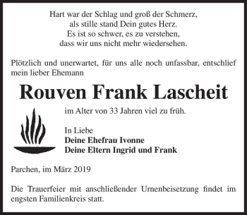 Traueranzeige von Rouven Frank Lascheit  von Magdeburger Volksstimme