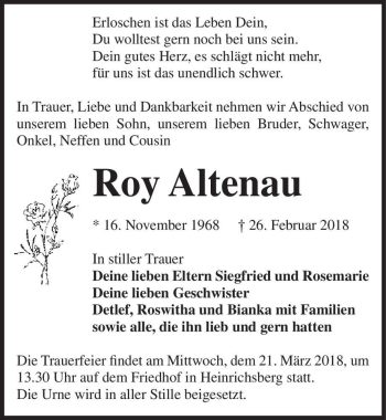 Traueranzeige von Roy Altenau  von Magdeburger Volksstimme