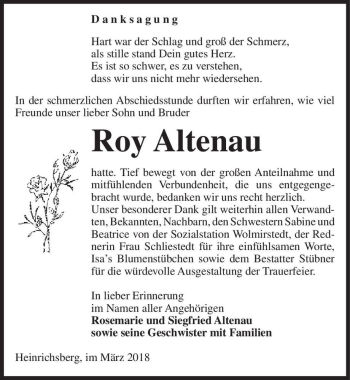 Traueranzeige von Roy Altenau  von Magdeburger Volksstimme