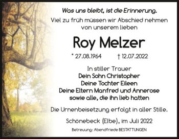 Traueranzeige von Roy Melzer  von Magdeburger Volksstimme