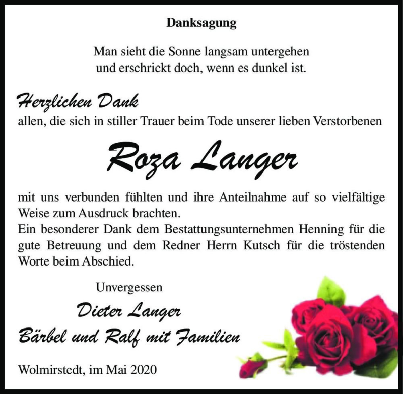  Traueranzeige für Roza Langer  vom 23.05.2020 aus Magdeburger Volksstimme