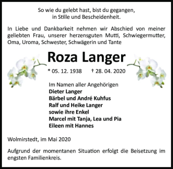Traueranzeige von Roza Langer  von Magdeburger Volksstimme