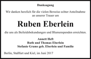 Traueranzeige von Ruben Eberlein  von Magdeburger Volksstimme