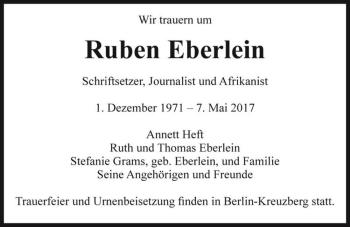 Traueranzeige von Ruben Eberlein  von Magdeburger Volksstimme