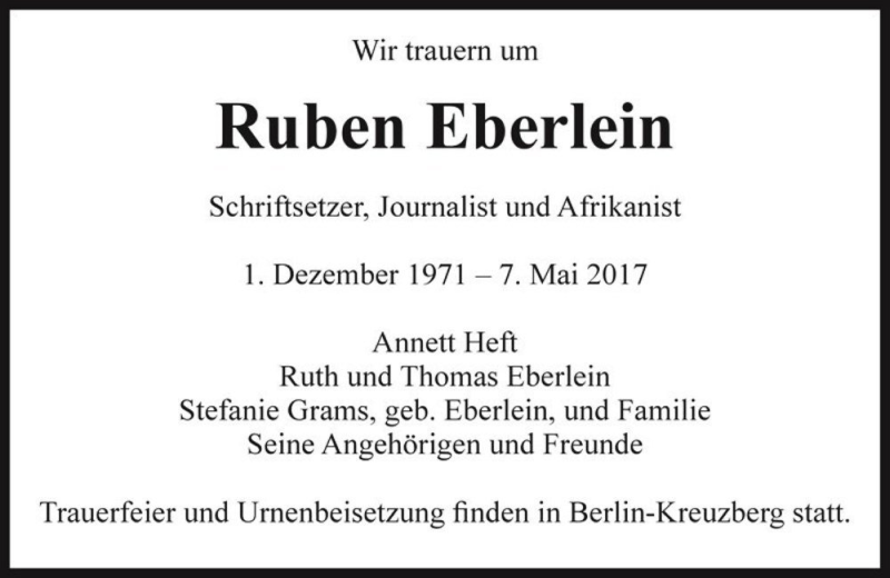 Traueranzeige für Ruben Eberlein  vom 20.05.2017 aus Magdeburger Volksstimme