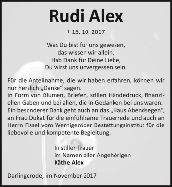 Traueranzeige von Rudi Alex  von Magdeburger Volksstimme