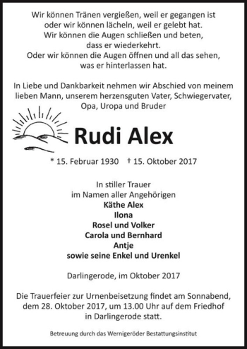 Traueranzeige von Rudi Alex  von Magdeburger Volksstimme