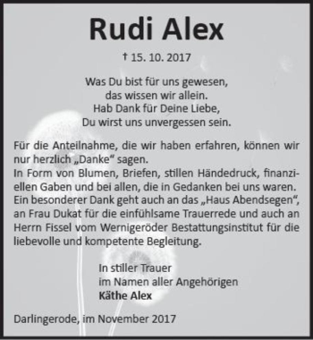 Traueranzeige von Rudi Alex  von Magdeburger Volksstimme