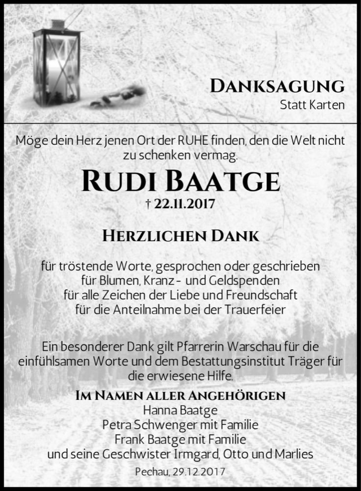  Traueranzeige für Rudi Baatge  vom 13.01.2018 aus Magdeburger Volksstimme