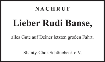 Traueranzeige von Rudi Banse  von Magdeburger Volksstimme